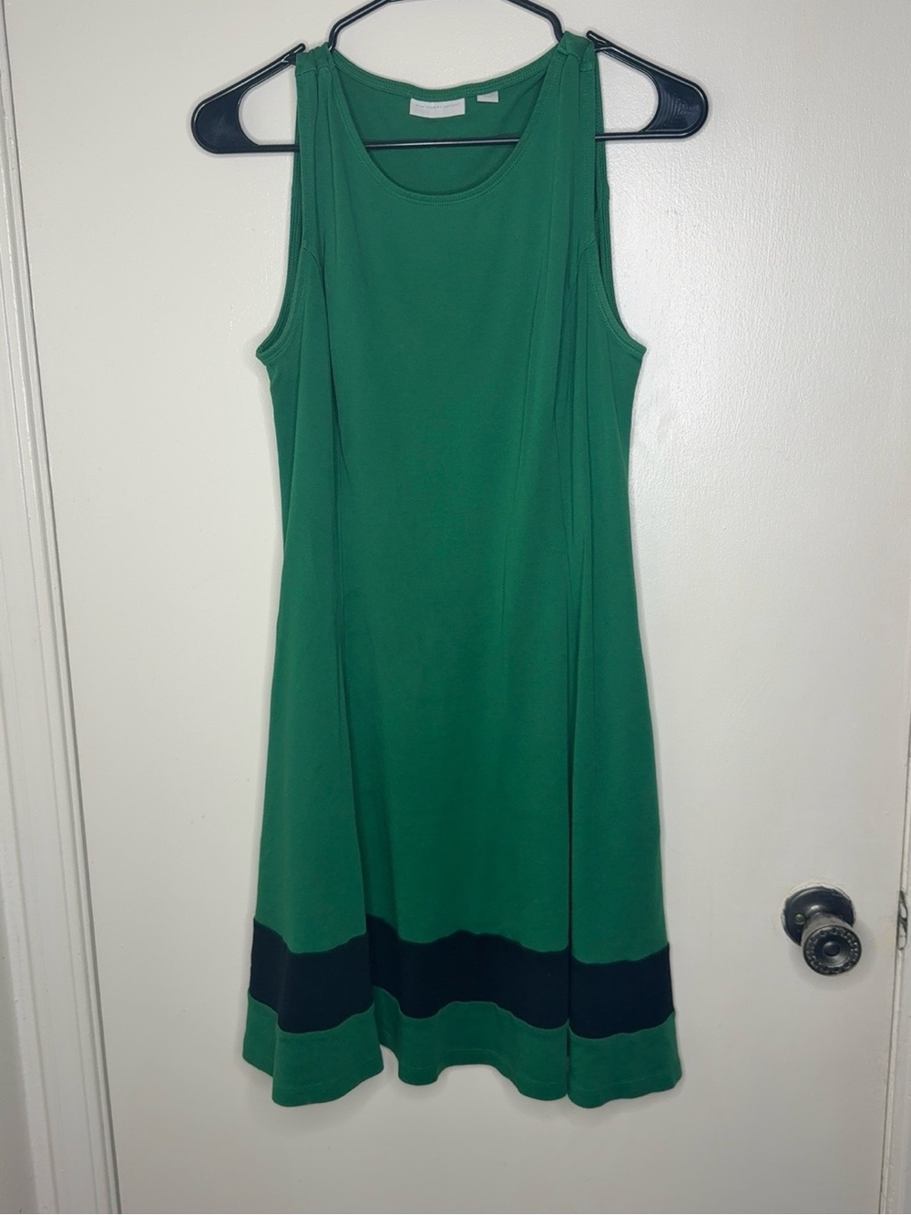 New York & Company Green Fit & Flare Dress Size L Pockets Black Stripe